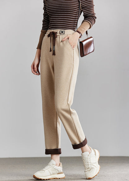 French Beige Elastic Waist Pockets Cotton Crop Pants Spring
