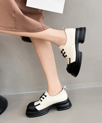 French Beige Faux Leather Splicing Loafers for