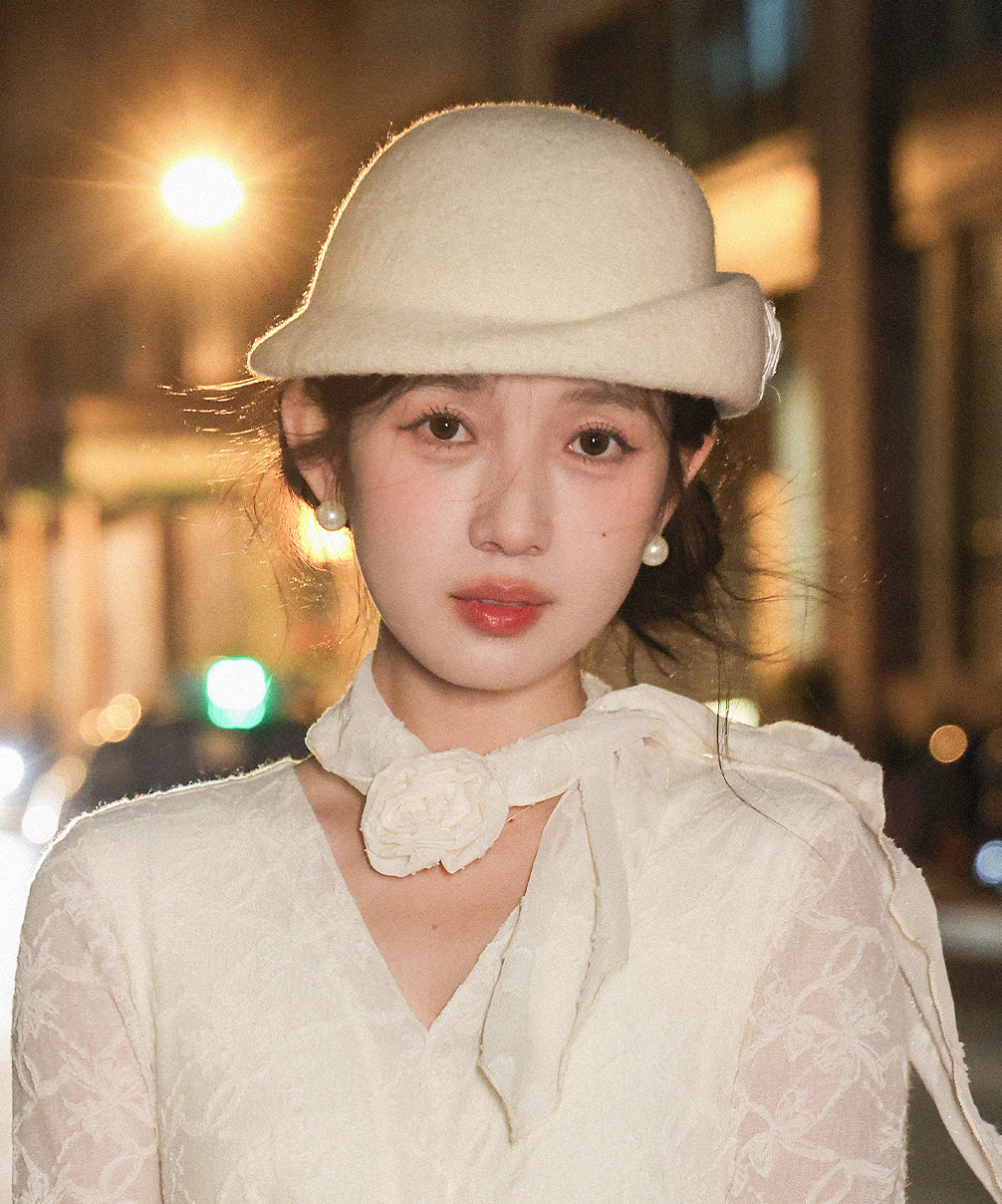 French Beige Pearl Woolen Bucket Hat