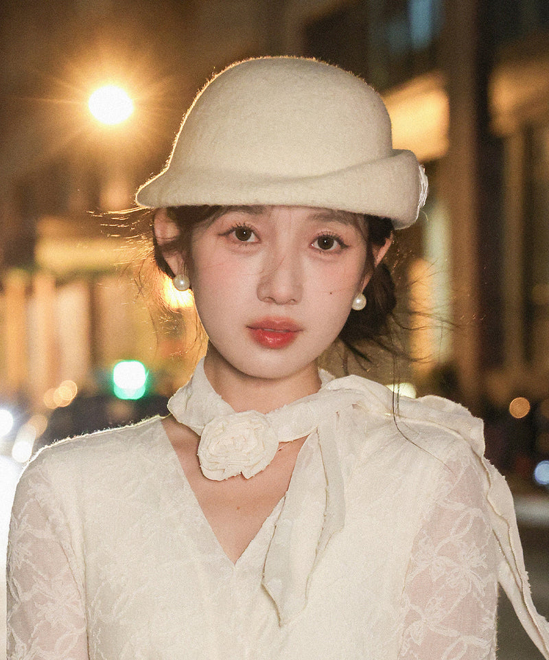 French Beige Pearl Woolen Bucket Hat