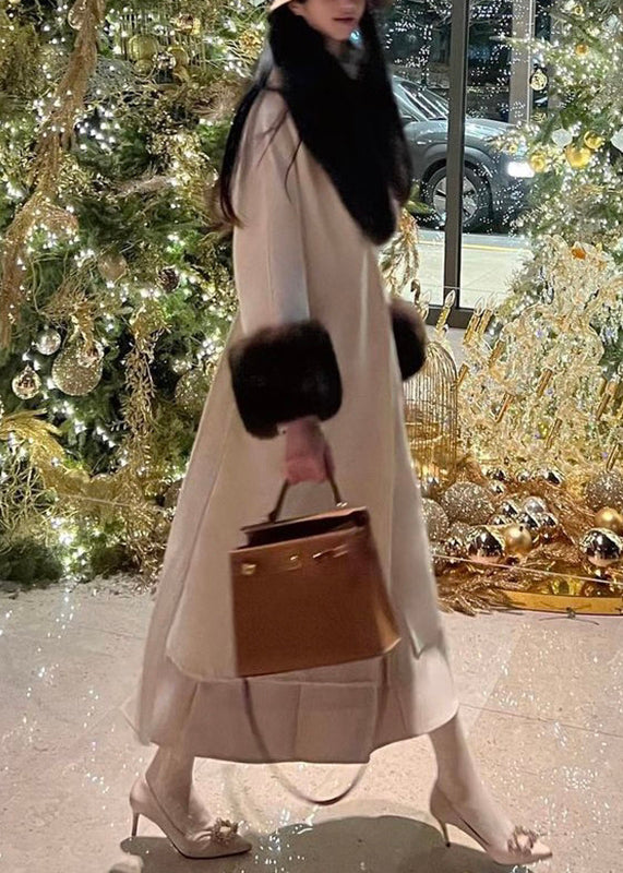 French Beige Fox Collar Woolen Long Coats Winter