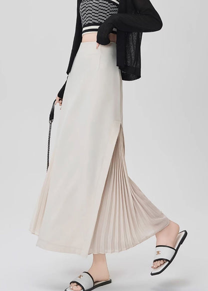 French Beige High Waist Draping Chiffon Pleated Skirt Spring
