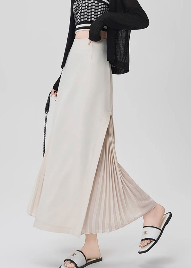French Beige High Waist Draping Chiffon Pleated Skirt Spring