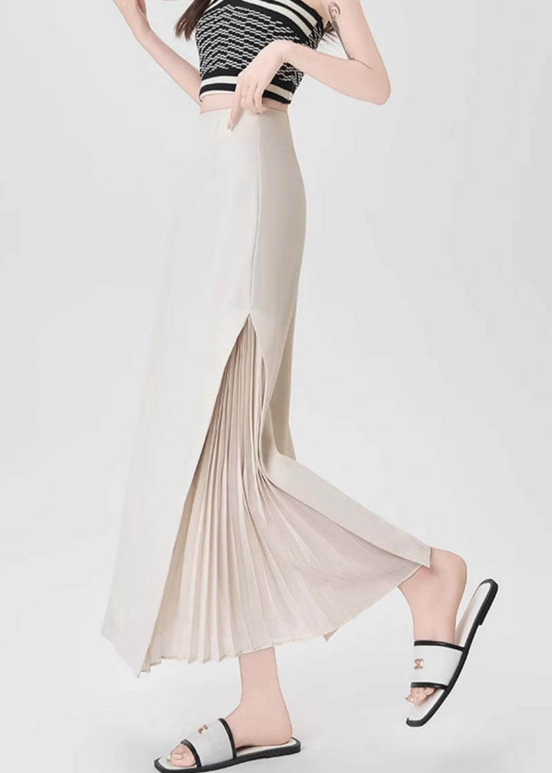 French Beige High Waist Draping Chiffon Pleated Skirt Spring