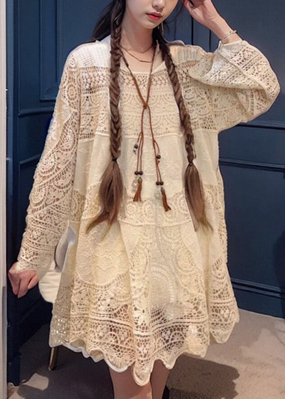 French Beige Hollow Out Lace Mid Dress Spring