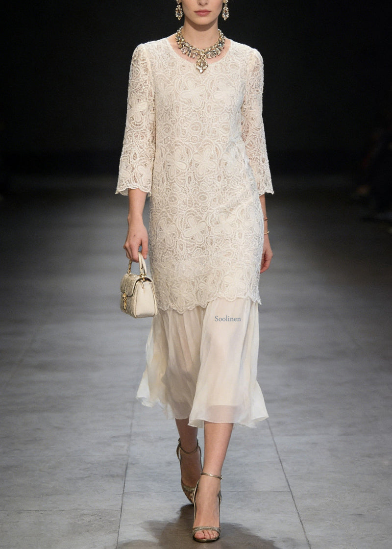 French Beige O Neck Patchwork Lace Dresses Summer