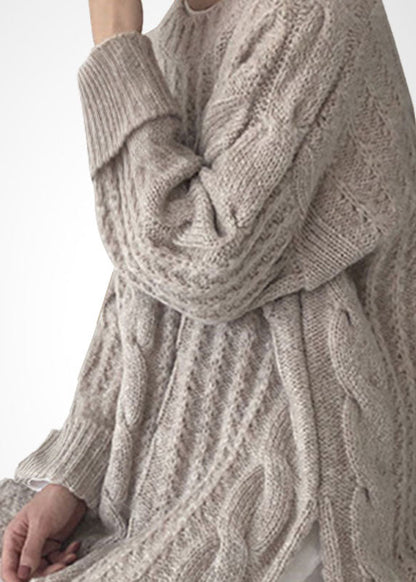 French Beige O-neck Side Open Wool Cable Knit Long Sweater Winter