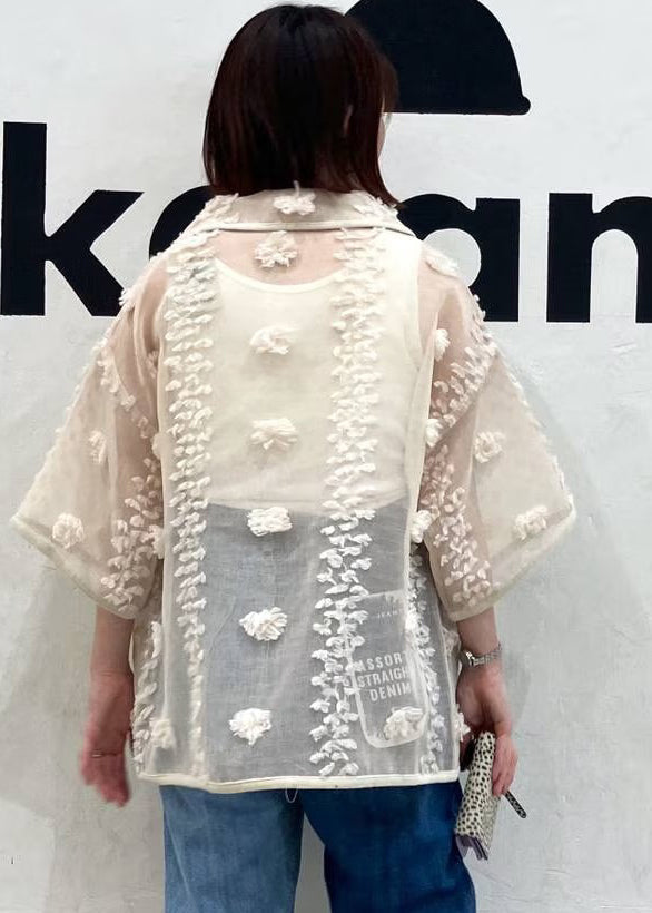 French Beige Oversized Jacquard Sheer Shirt Top Summer