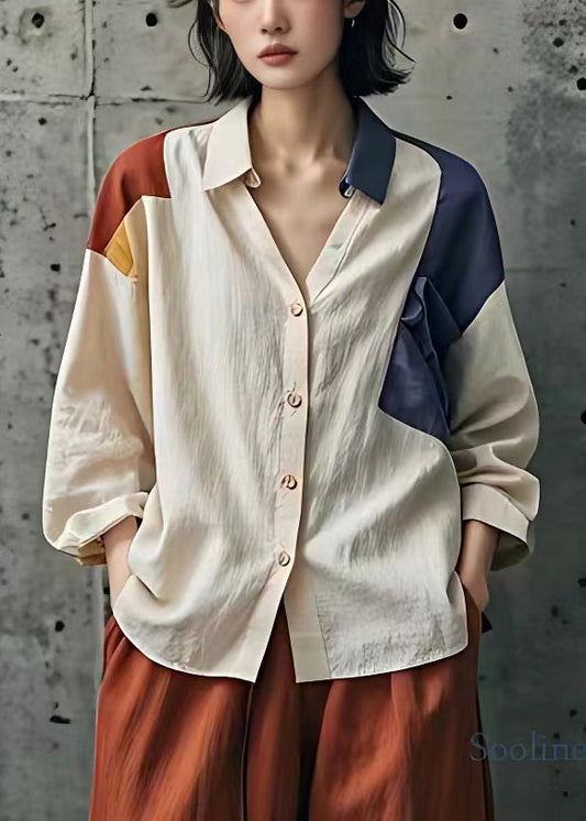 French Beige Peter Pan Collar Button Cotton Blouse Fall