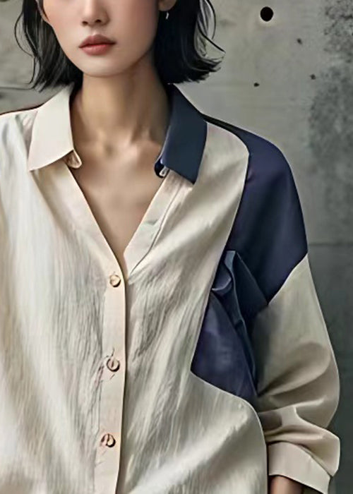 French Beige Peter Pan Collar Button Cotton Blouse Fall