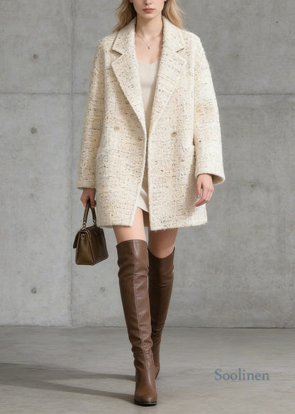 French Beige Peter Pan Collar Pockets Woolen Coat Spring