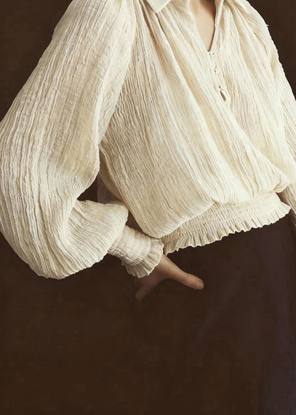 French Beige Peter Pan Collar Wrinkled Chiffon Shirt Top Lantern Sleeve