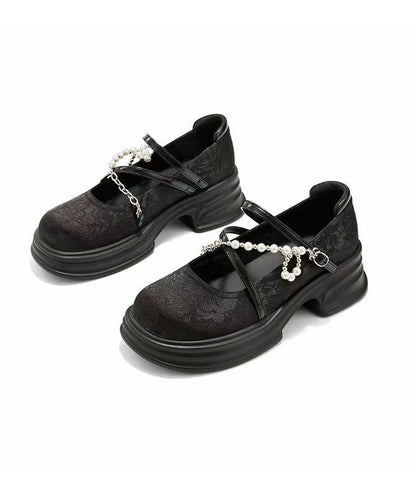 French Beige Platform Loafer Shoes Cross Strap Bead
