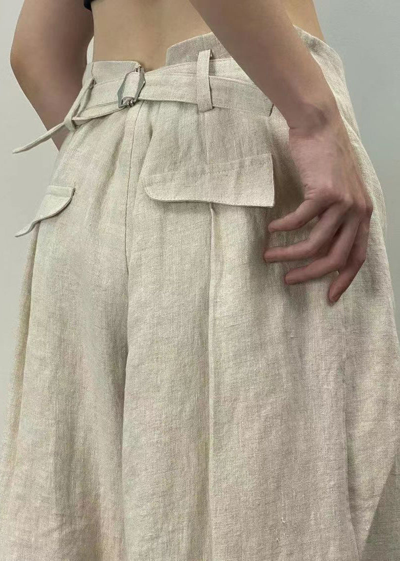French Beige Pockets High Waistpatchwork Linen Wide Leg Pants Fall