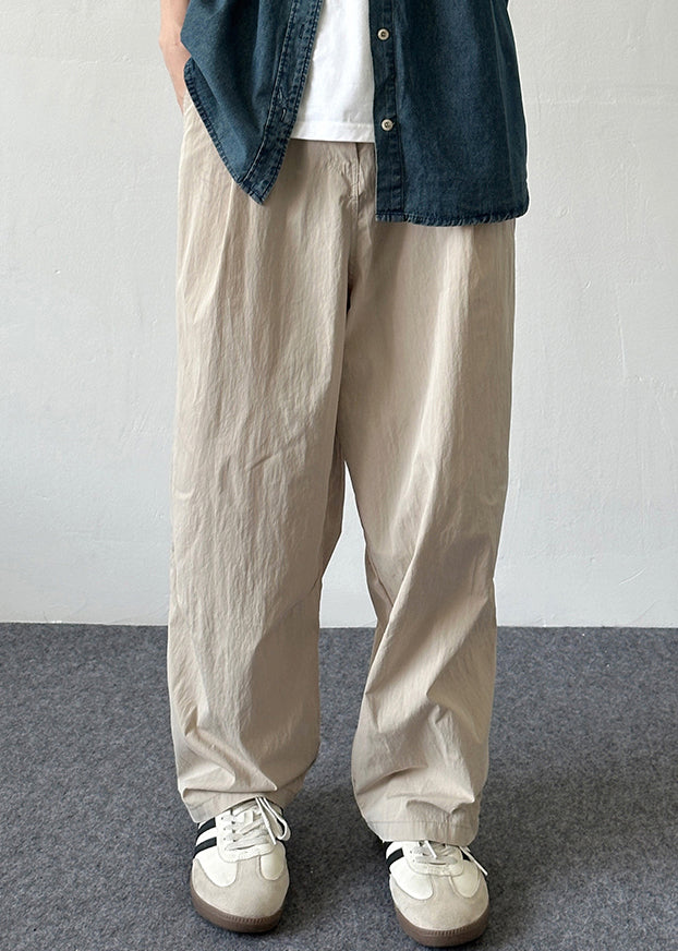 French Beige Pockets Elastic Waist Cotton Pants Summer