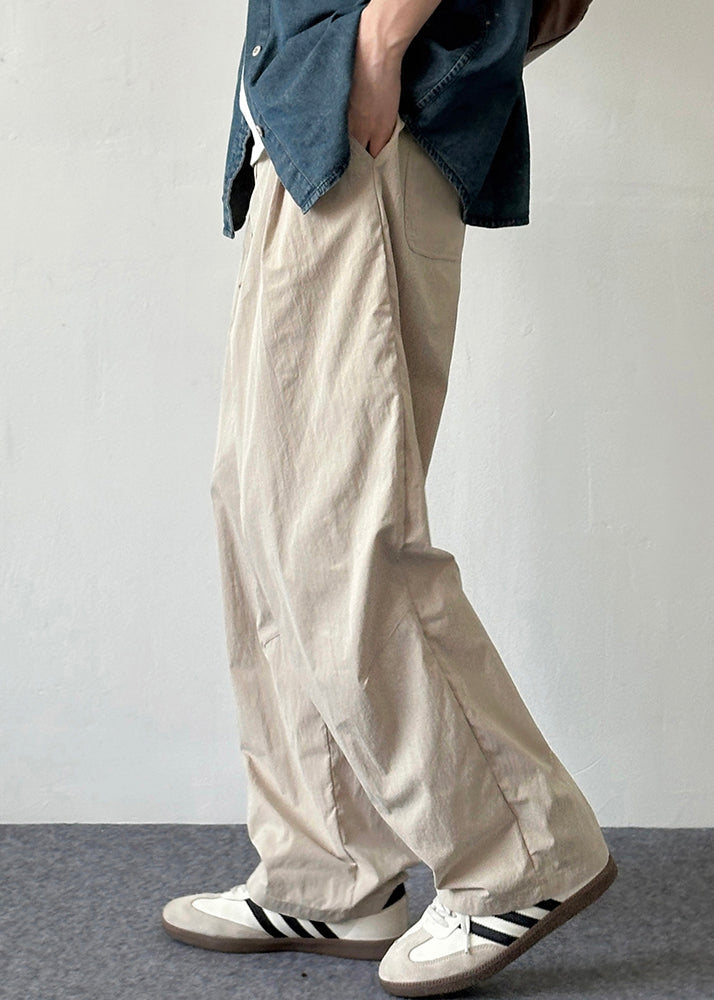 French Beige Pockets Elastic Waist Cotton Pants Summer