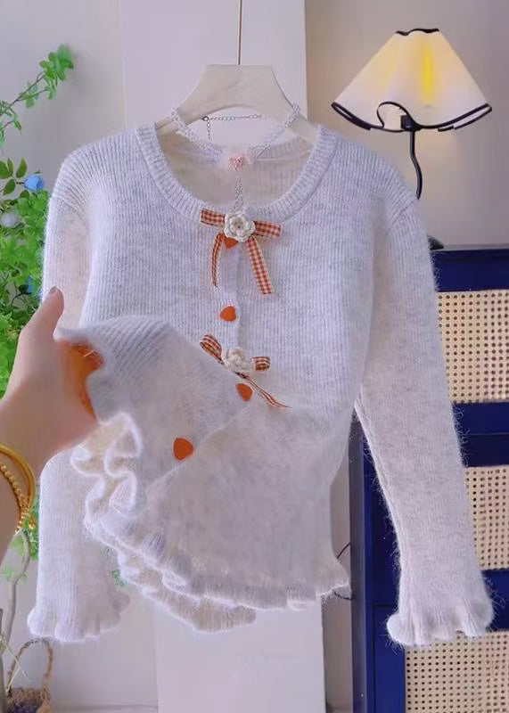 French Beige Ruffled Knit Sweaters Spring