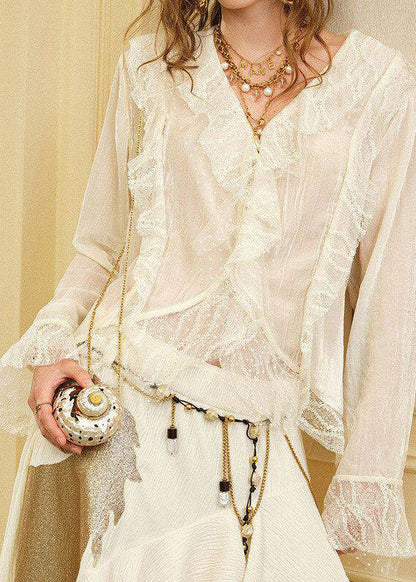 French Beige Ruffled Patchwork Asymmetrical Silk Velvet Shirts Spring