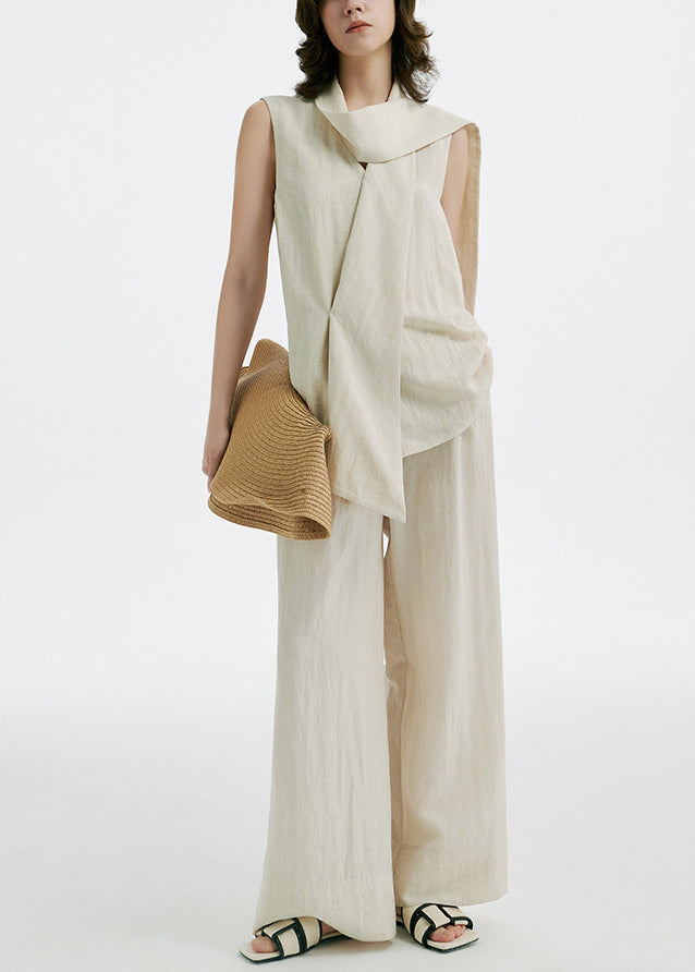 French Beige Silk Linen Top and Wide Leg Pants Two Pieces Set Sleeveless