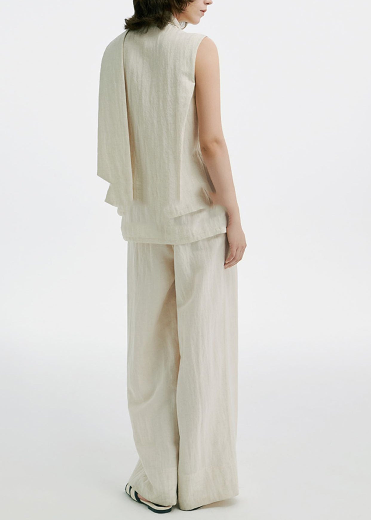 French Beige Silk Linen Top and Wide Leg Pants Two Pieces Set Sleeveless