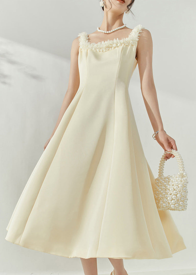 French Beige Square Collar Maxi Dresses Sleeveless