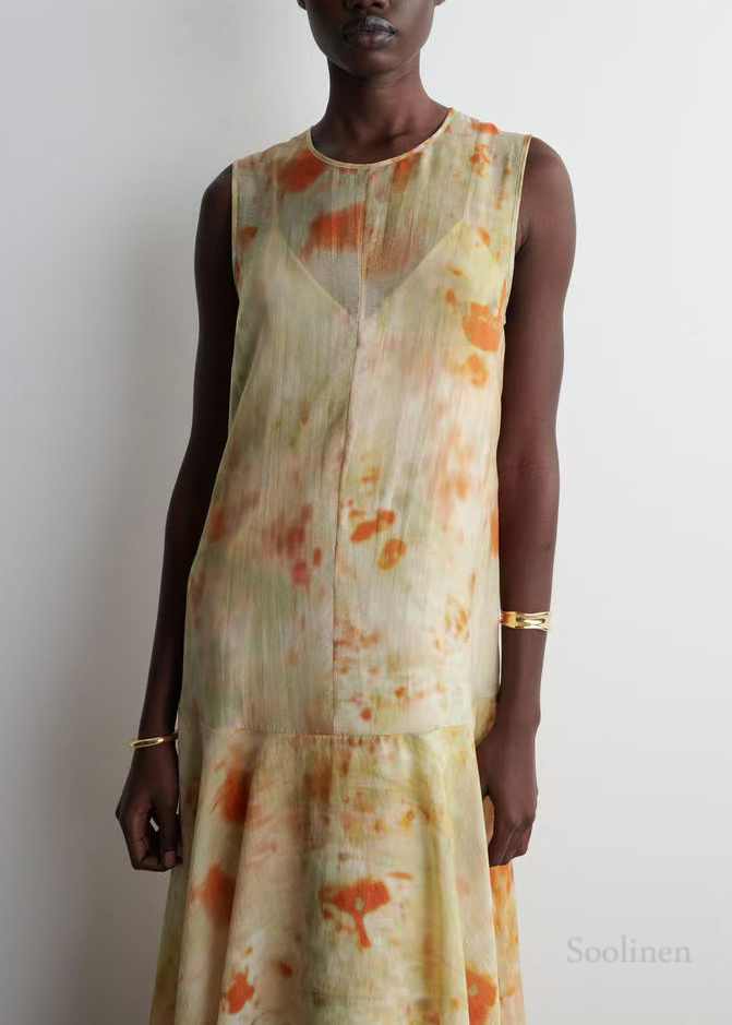French Beige Tie Dye Chiffon Party Dress Sleeveless