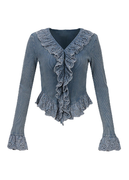 French Beige V Neck Lace Patchwork Hollow Out Top Spring