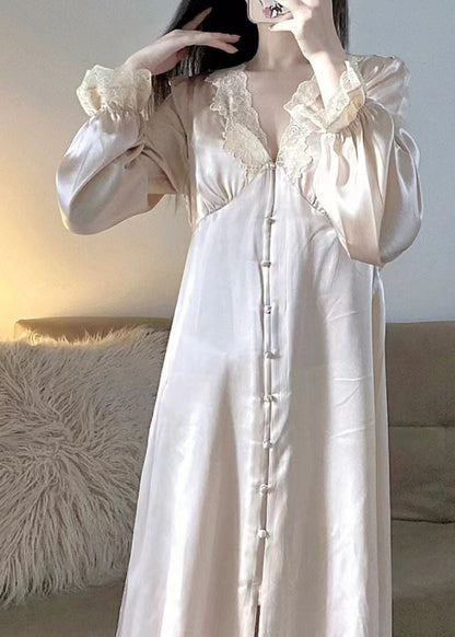 French Beige V Neck Lace Patchwork Ice Silk Dress Spring