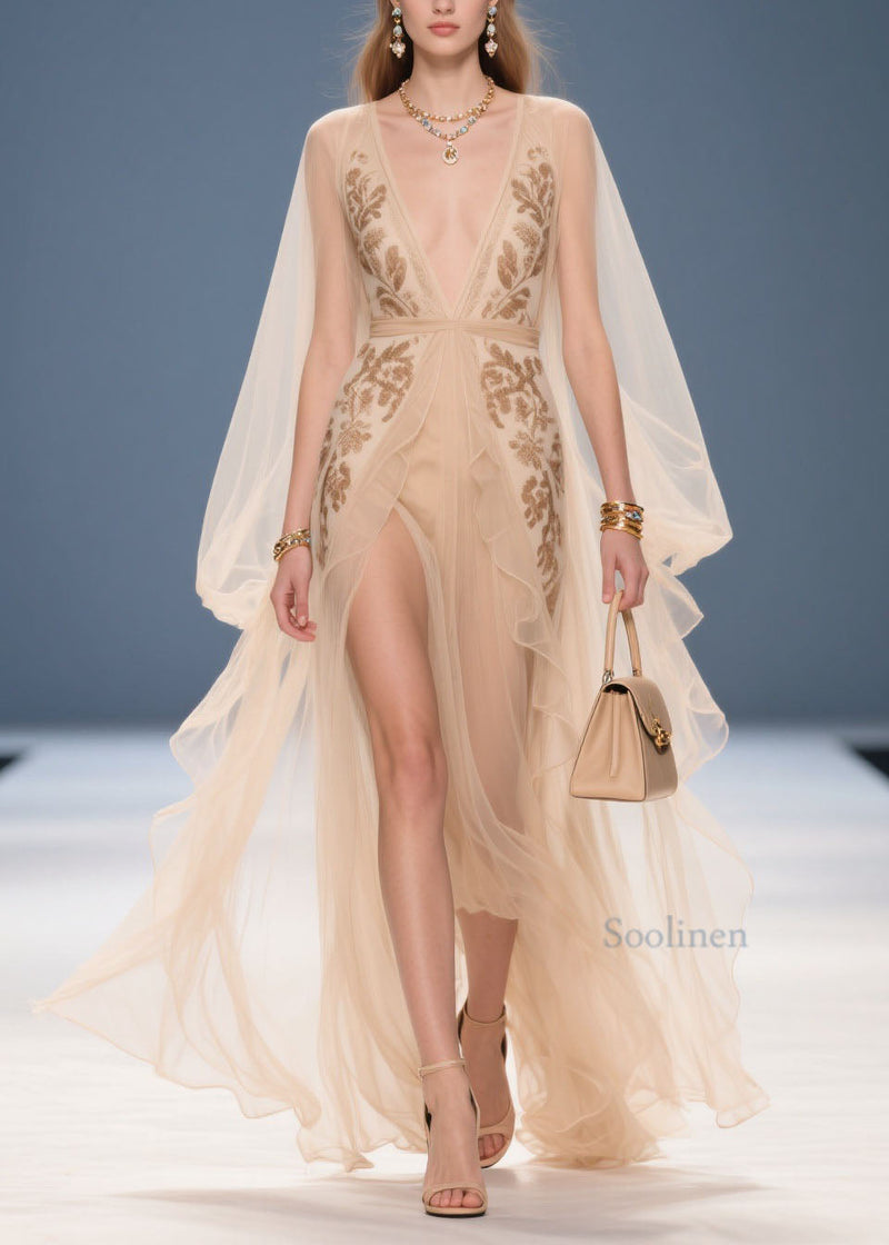 French Beige V Neck Print Chiffon Long Dresses Summer