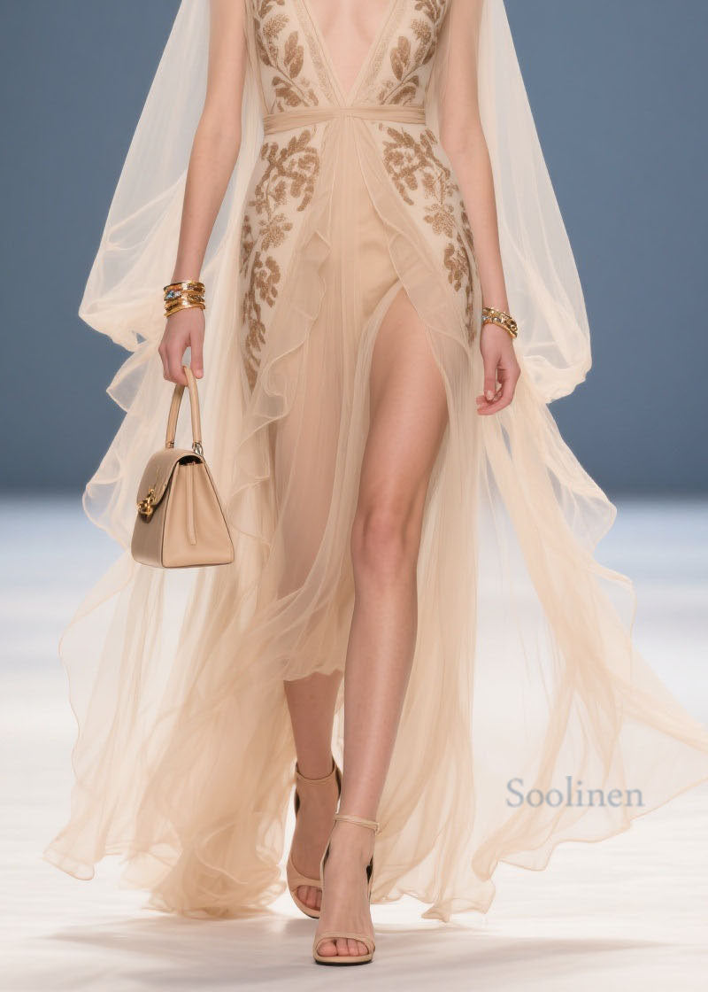 French Beige V Neck Print Chiffon Long Dresses Summer