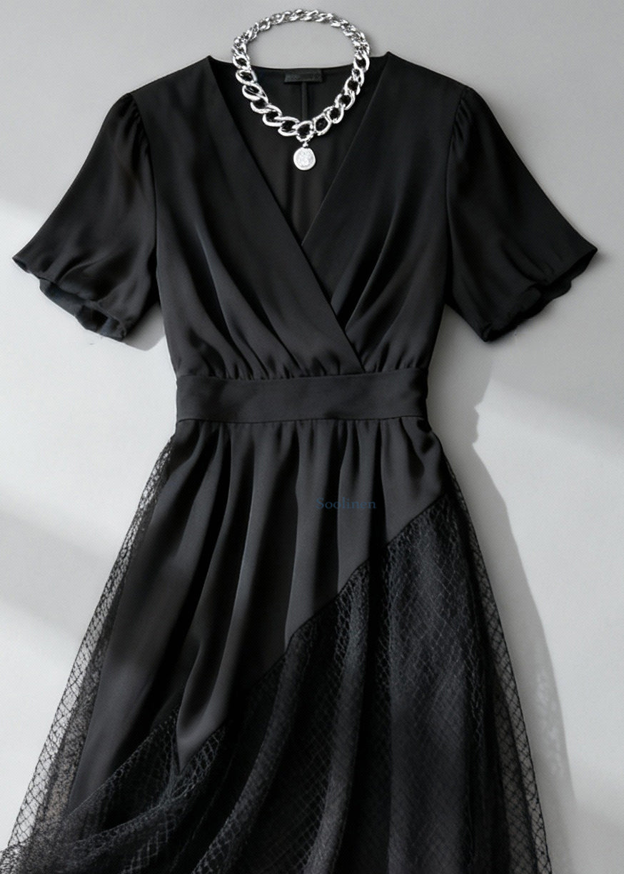 French Black Asymmetrical Design Hollow Out Tulle Patchwork Long Dress Summer
