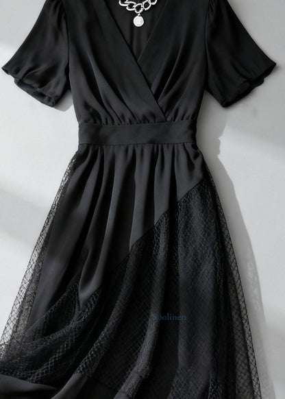 French Black Asymmetrical Design Hollow Out Tulle Patchwork Long Dress Summer