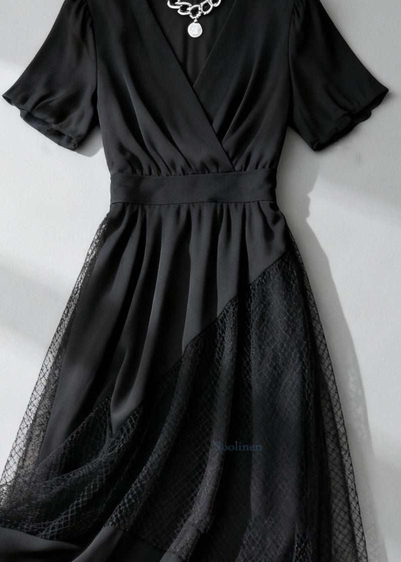 French Black Asymmetrical Design Hollow Out Tulle Patchwork Long Dress Summer