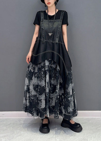 French Black Asymmetrical Patchwork Exra Large Hem Faux Leather Strap Dress Summer