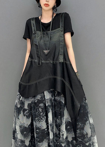 French Black Asymmetrical Patchwork Exra Large Hem Faux Leather Strap Dress Summer