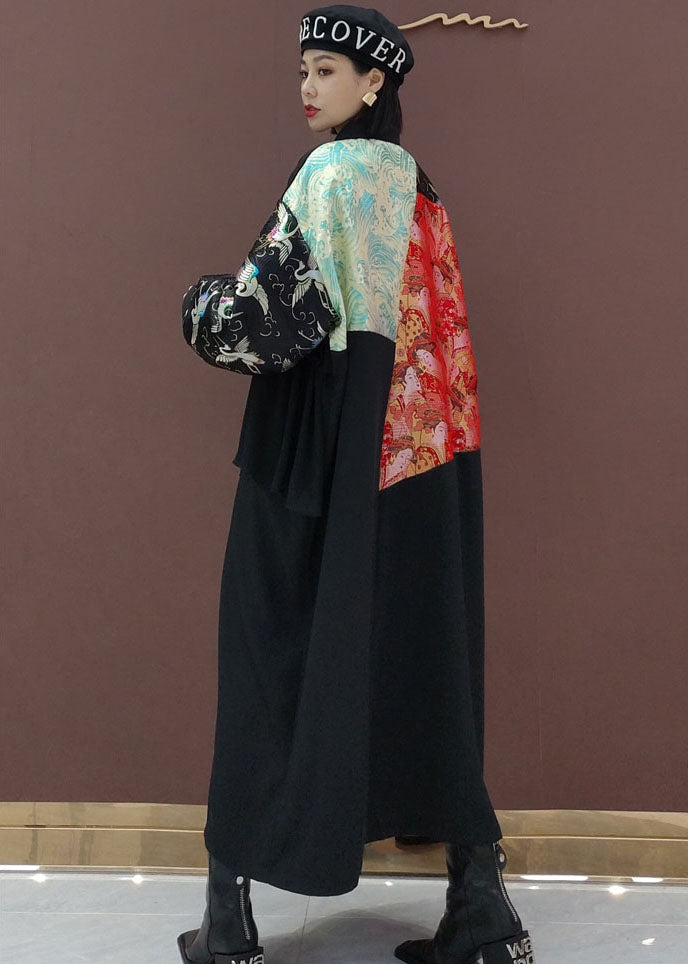 French Black Asymmetrical Print Shirts Long Dress Spring