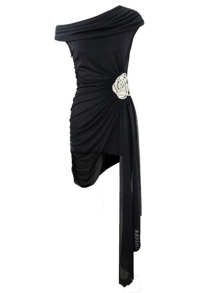 French Black Asymmetrical Zircon Mid Dress Summer