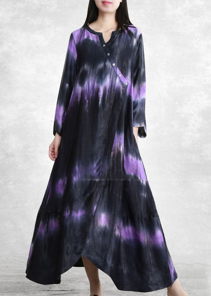 French Black Blue Gradient Color V Neck Asymmetrical Pockets Long Dress Long Sleeve