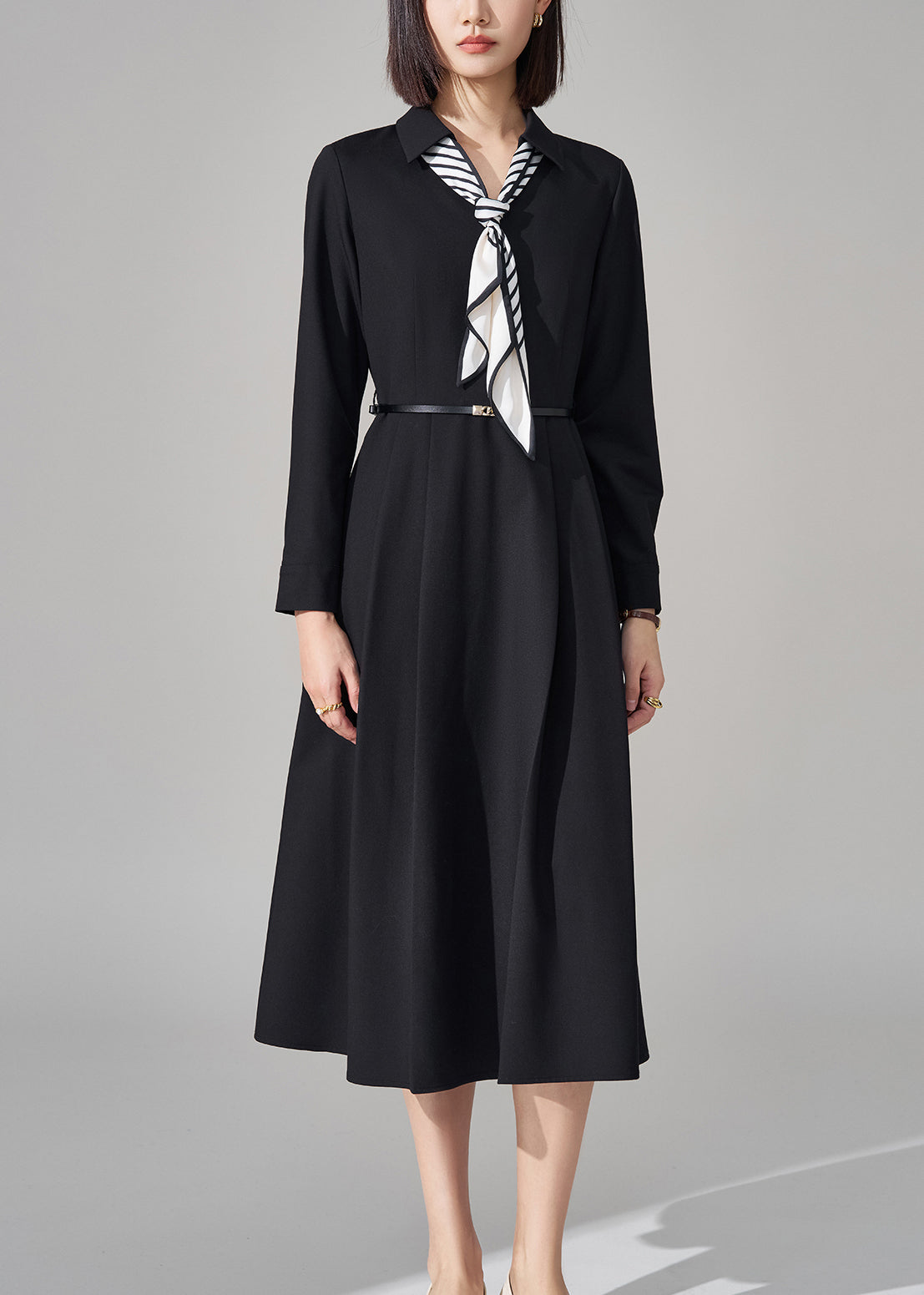 French Black Bow Pockets Sashes Woolen Long Dress Winter