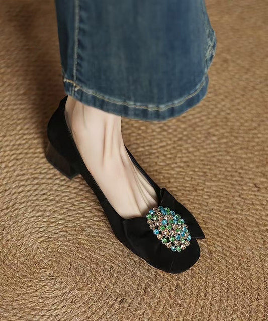French Black Bow Zircon Splicing Chunky Heel Shoes Suede