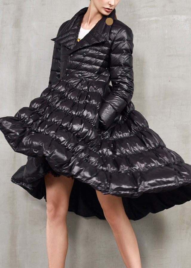 French Black Button Low High Design Cotton Blend Coat Long Sleeve