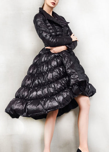 French Black Button Low High Design Cotton Blend Coat Long Sleeve