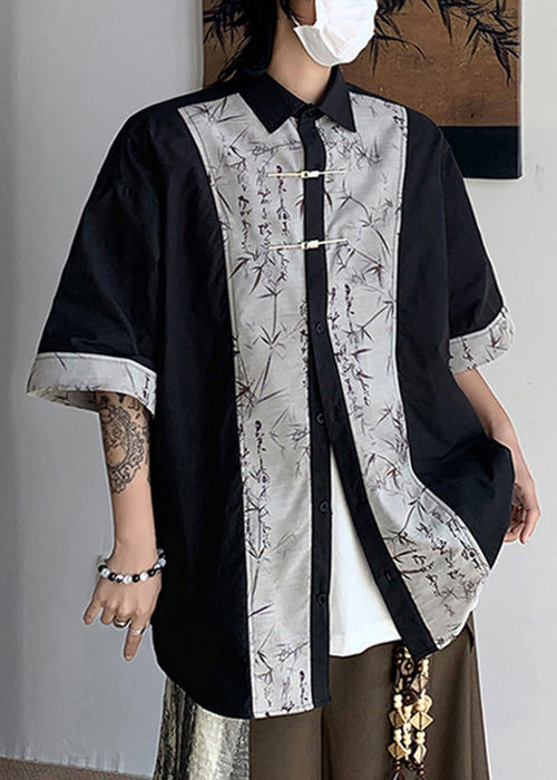 French Black Button Print Patchwork Cotton Shirt Summer