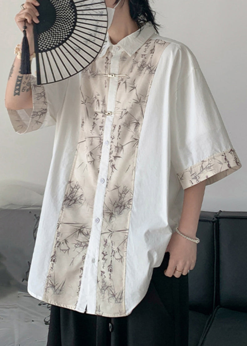French Black Button Print Patchwork Cotton Shirt Summer