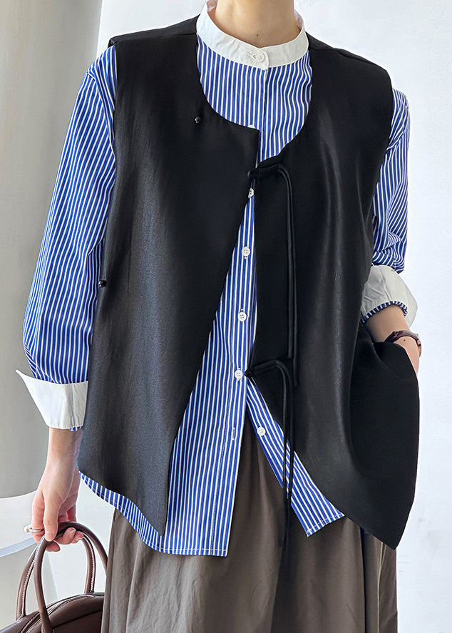 French Geometric Stripes Button Cotton Waistcoat Sleeveless