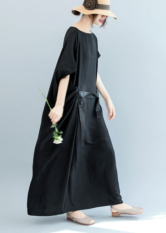 French Black Cinched Loose Wrinkled Long Dress Bat Wing Sleeve