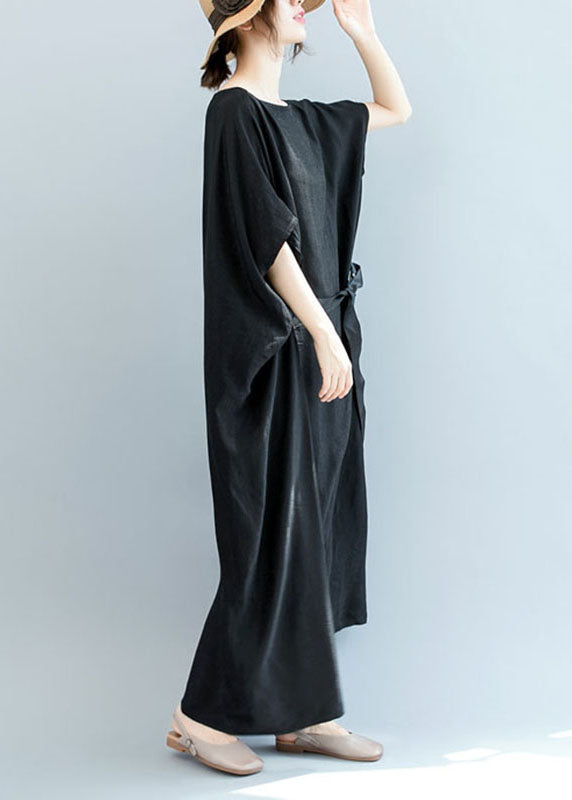 French Black Cinched Loose Wrinkled Long Dress Bat Wing Sleeve