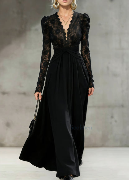 French Black Cinched Patchwork Lace Long Dresses Spring