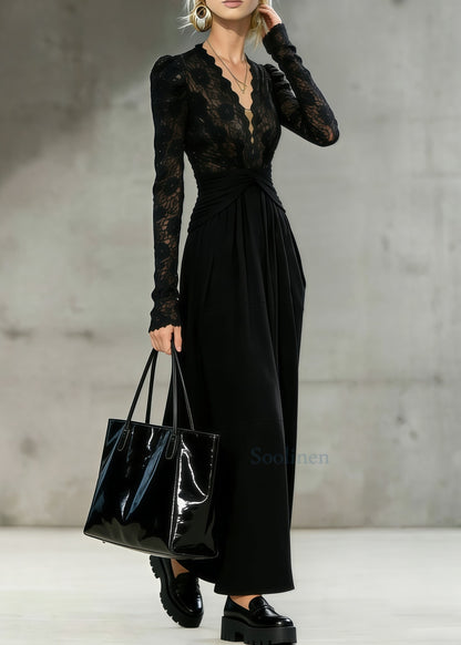 French Black Cinched Patchwork Lace Long Dresses Spring