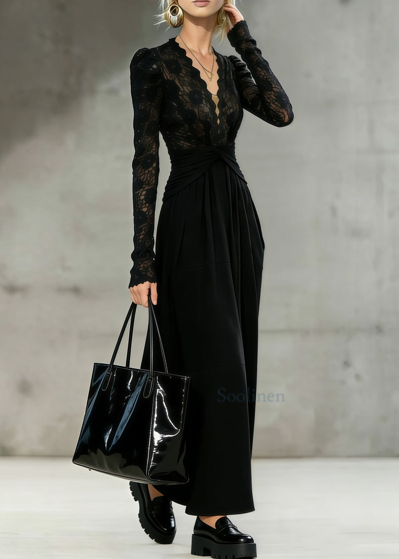 French Black Cinched Patchwork Lace Long Dresses Spring